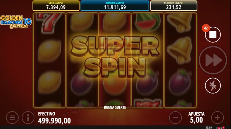 Super Spin bonus feature activated in Golden Diamonds 10 Extreme