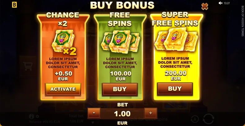 Book of Hidden Tombs Buy Bonus menu