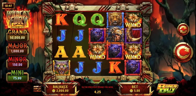 Wildcat Fury base game with Wild symbols and progressive jackpots