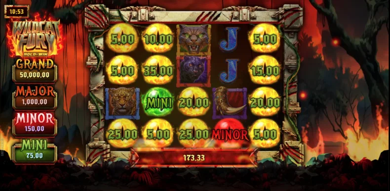 Wildcat Fury Hold & Win bonus with Mini and Minor jackpot symbols