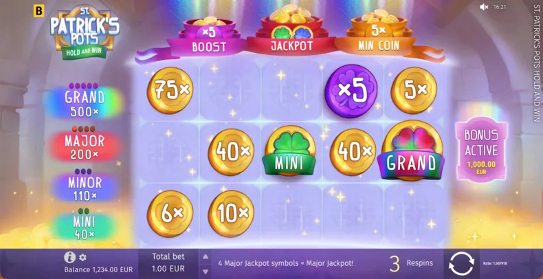 Hold and Win Bonus with Boost, Jackpot and Minimum Coin Feature Pots active in St. Patrick’s Pots Hold and Win