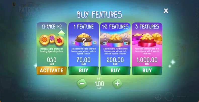 Buy Bonus menu with Chance ×2 and three Feature options in St. Patrick’s Pots Hold and Win
