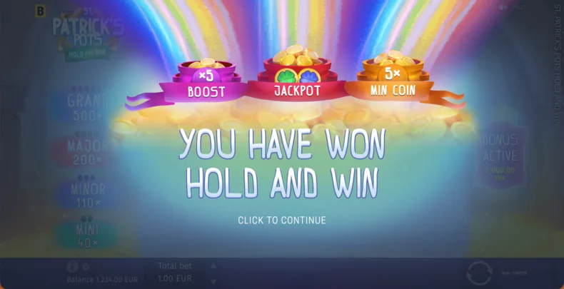 Buy Bonus menu with Chance ×2 and three Feature options in St. Patrick’s Pots Hold and Win