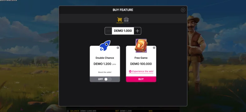 Book of Safari Buy Feature and Double Chance options