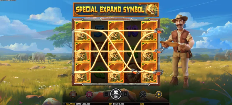 Chosen Symbol expanding across the reels in Book of Safari